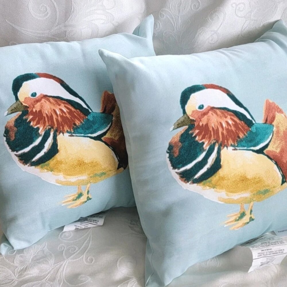Mandarin Duck Outdoor set of 2  Throw Pillows Blue 2 Sided Hampton Bay